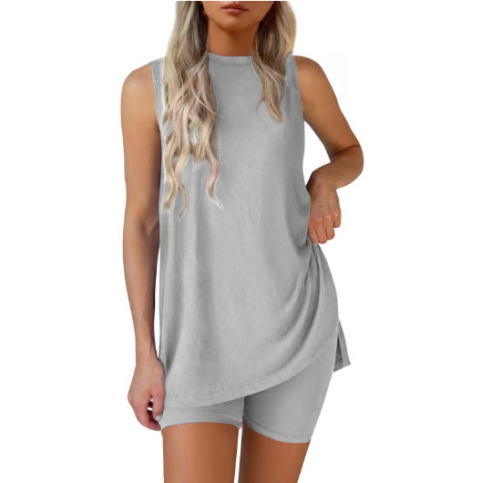 Sleeveless Crewneck Women's 2 Piece Sets Summer Matching Lounge Shorts Set Resort Airport Travel Outfit Split Hem Casual Clothes Basic Fitted Homewear Ggtt