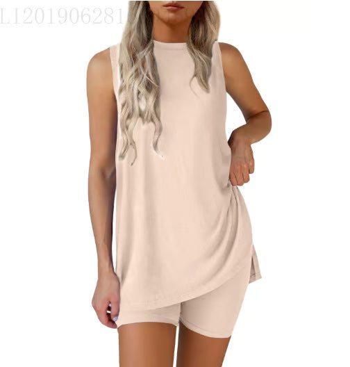 Sleeveless Crewneck Women's 2 Piece Sets Summer Matching Lounge Shorts Set Resort Airport Travel Outfit Split Hem Casual Clothes Basic Fitted Homewear Ggtt