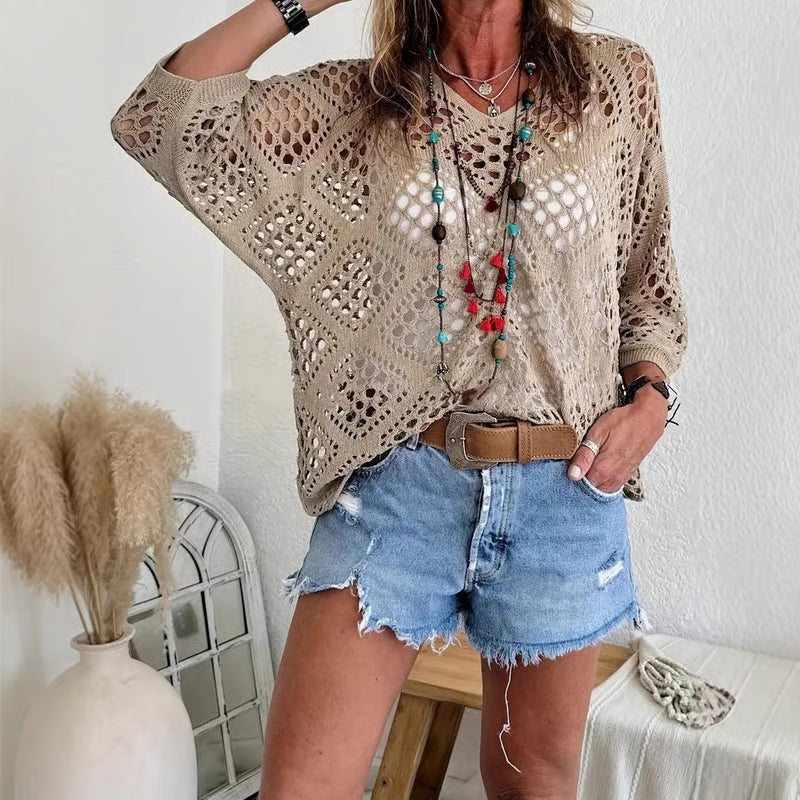🌿 Handmade Crochet V‑Neck Boho Top | Apricot Summer Essential apareoi