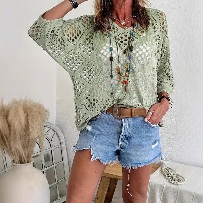 🌿 Handmade Crochet V‑Neck Boho Top | Apricot Summer Essential apareoi