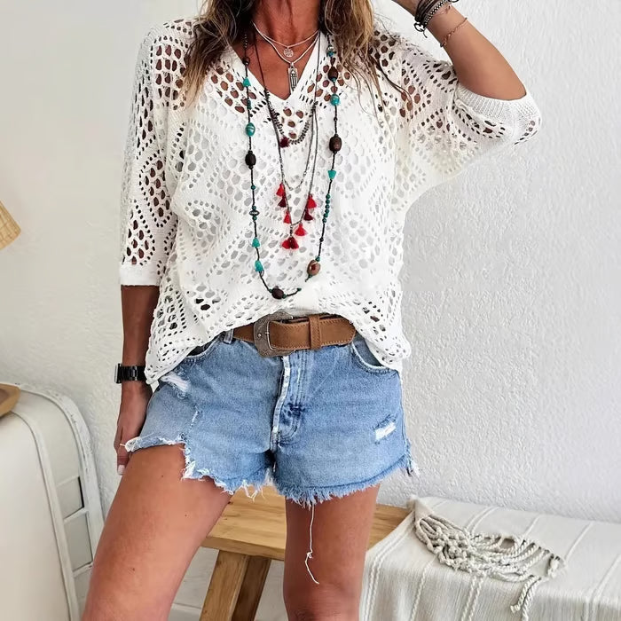 🌿 Handmade Crochet V‑Neck Boho Top | Apricot Summer Essential apareoi