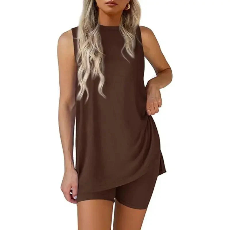 Sleeveless Crewneck Women's 2 Piece Sets Summer Matching Lounge Shorts Set Resort Airport Travel Outfit Split Hem Casual Clothes Basic Fitted Homewear Ggtt